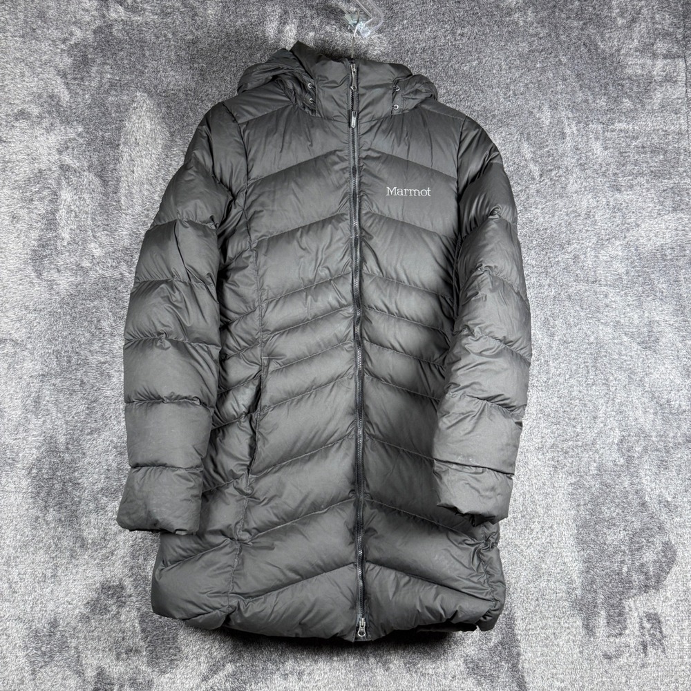 Marmot Montreal Down Coat Black 700 Fill Puffer Jacket Hooded CC-717 Women Small